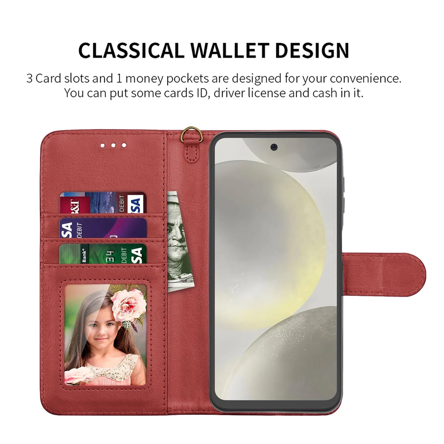 Galaxy S24,S24 Plus,S24 Ultra 5G Case,Samsung Galaxy S24 Wallet Case, Galaxy S24 Leather Case, PU Leather Folio Flip Cover Magnetic Closure TPU Shockproof Protective Case Kickstand Strap - Wine