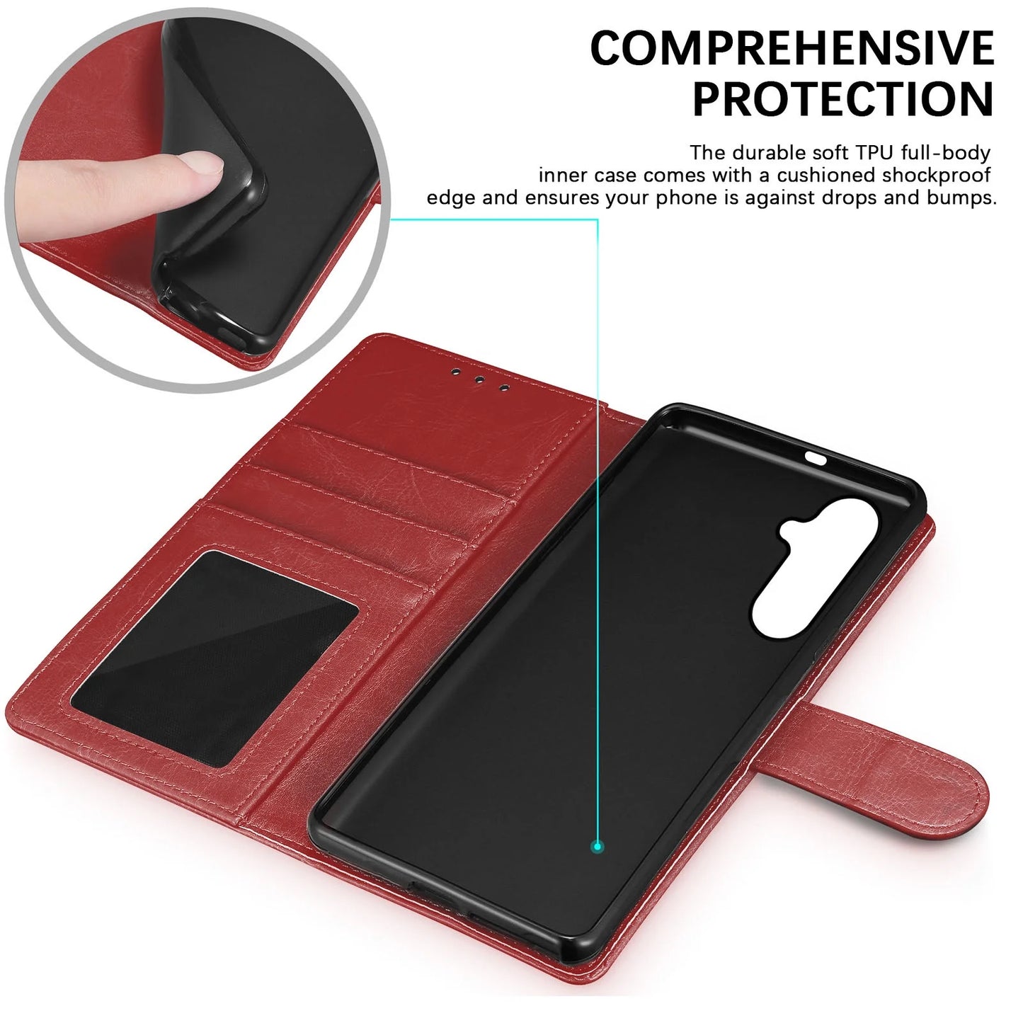 Galaxy S24,S24 Plus,S24 Ultra 5G Case,Samsung Galaxy S24 Wallet Case, Galaxy S24 Leather Case, PU Leather Folio Flip Cover Magnetic Closure TPU Shockproof Protective Case Kickstand Strap - Wine