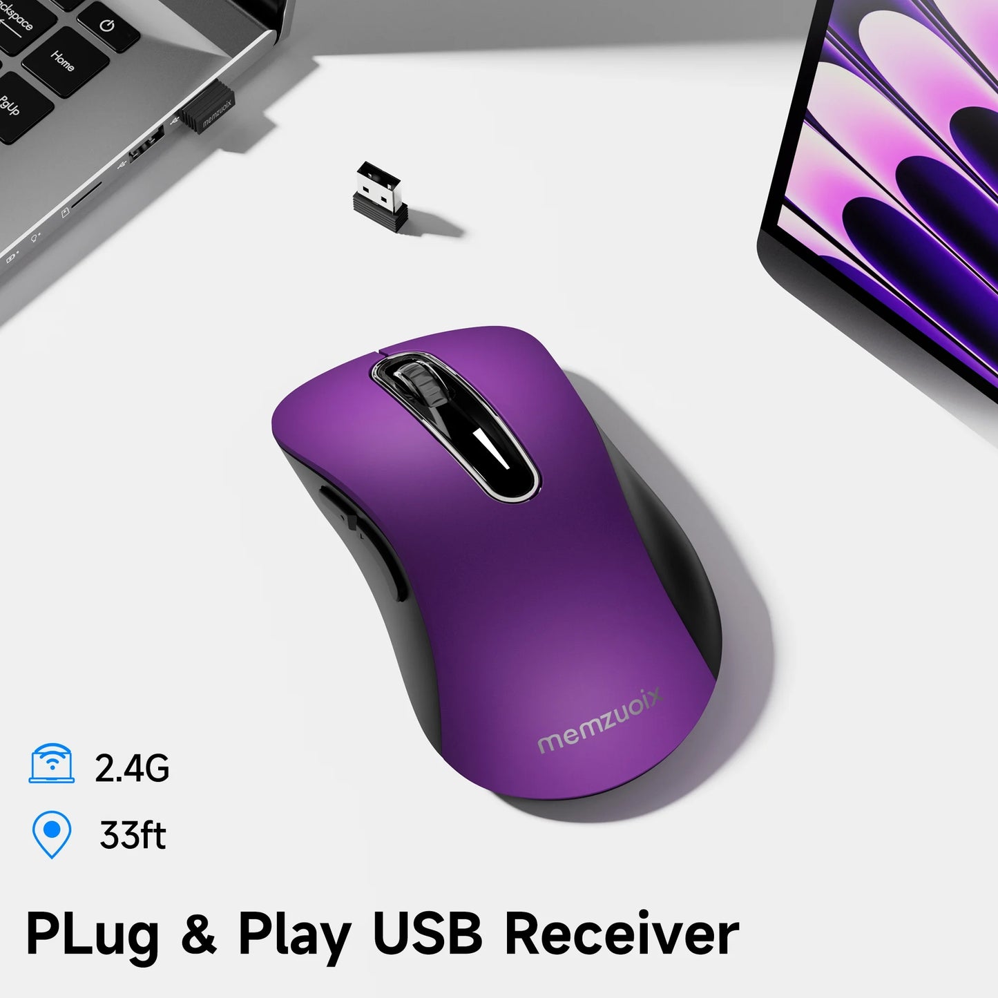 Wireless Mouse, 2.4Ghz with USB Receiver, 1200 DPI Optical Tracking, 5 Buttons,Ambidextrous Pc/Mac/Laptop -Purple
