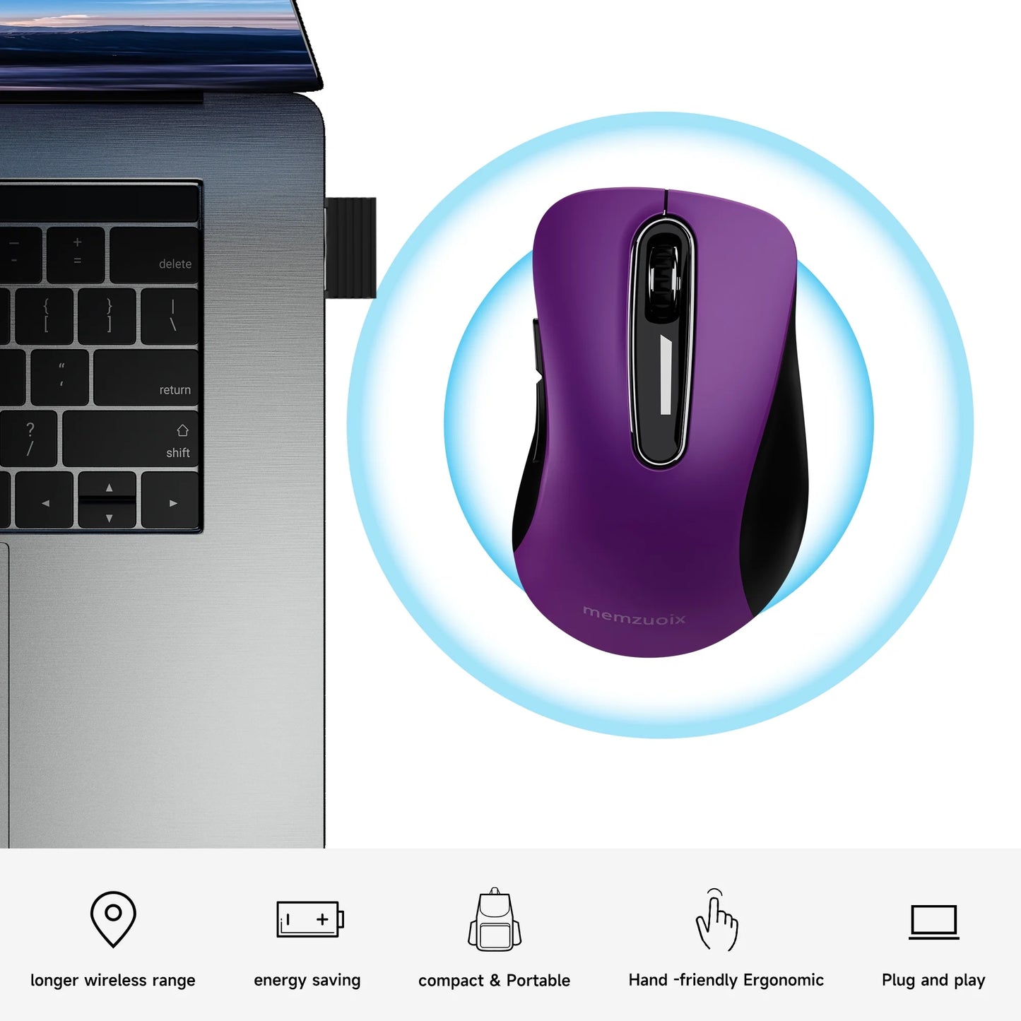 Wireless Mouse, 2.4Ghz with USB Receiver, 1200 DPI Optical Tracking, 5 Buttons,Ambidextrous Pc/Mac/Laptop -Purple