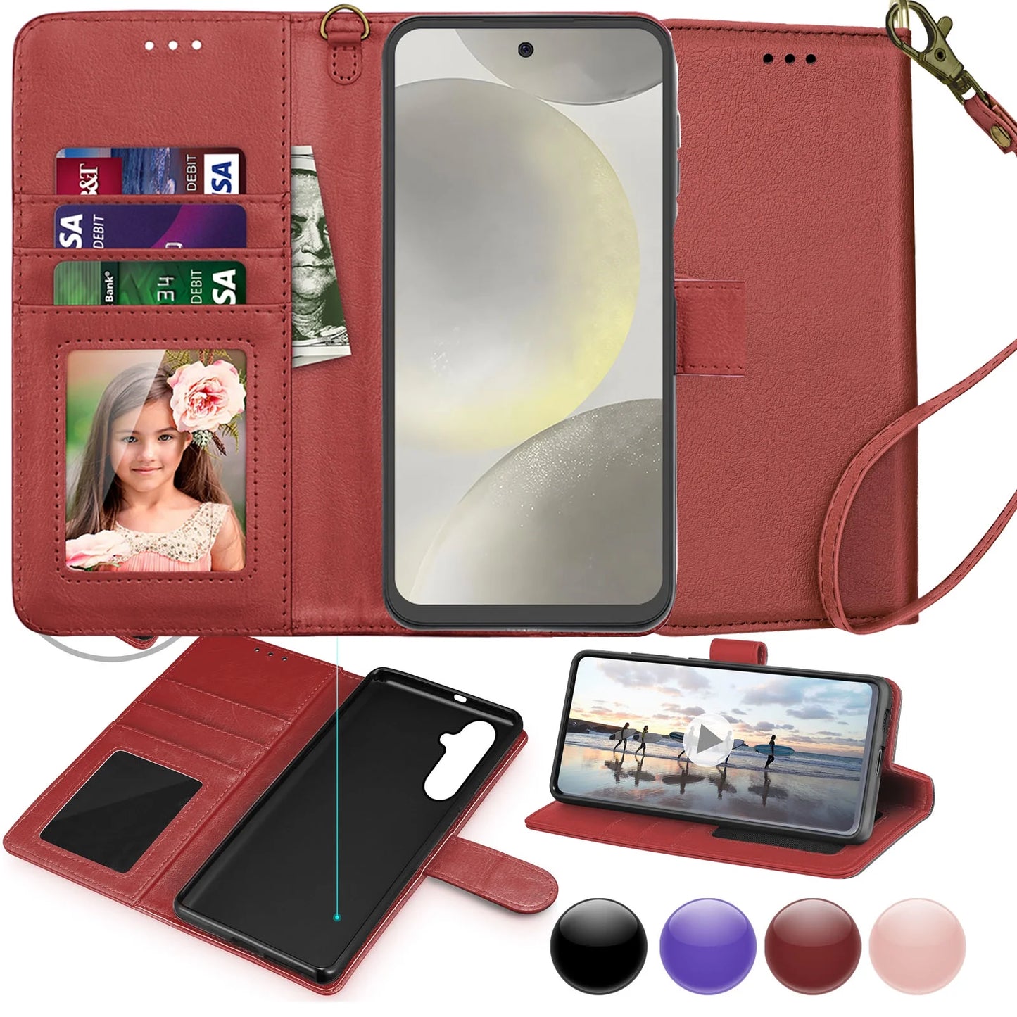Galaxy S24,S24 Plus,S24 Ultra 5G Case,Samsung Galaxy S24 Wallet Case, Galaxy S24 Leather Case, PU Leather Folio Flip Cover Magnetic Closure TPU Shockproof Protective Case Kickstand Strap - Wine