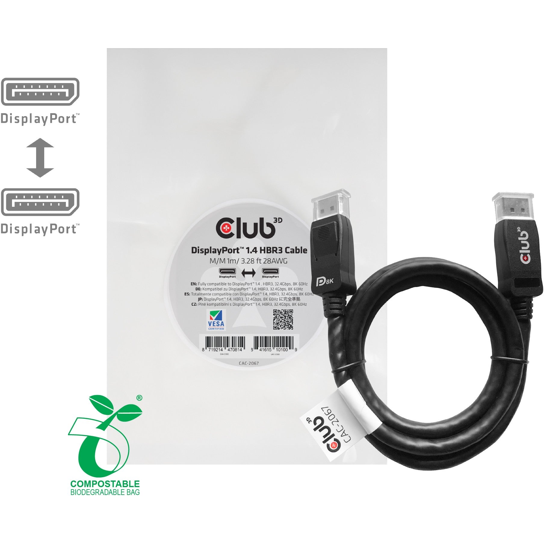 Club3D DisplayPort-Kabel 1.4 HBR3 32.4Gb/s 1m 8K60Hz St/St Polybeutel