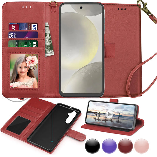 Galaxy S24,S24 Plus,S24 Ultra 5G Case,Samsung Galaxy S24 Wallet Case, Galaxy S24 Leather Case,  PU Leather Folio Flip Cover Magnetic Closure TPU Shockproof Protective Case Kickstand Strap - Wine